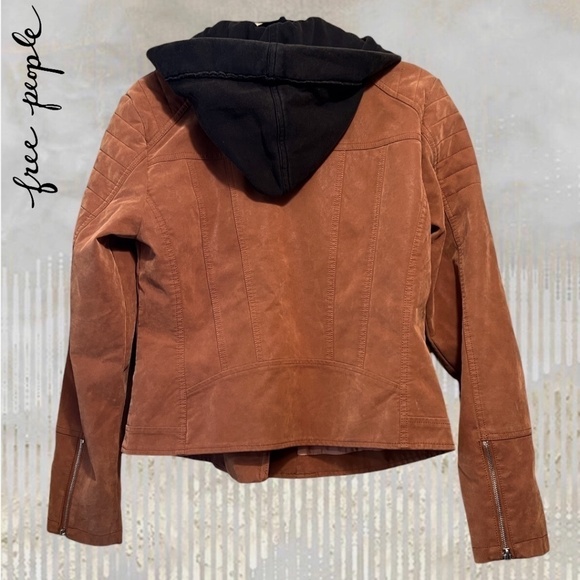 FREE PEOPLE NWT Harriett Moto-Style Brown Vegan Suede, Black Hood Jacket/Md - Picture 12 of 16